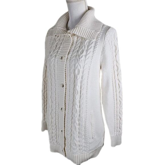LL. Bean ~Woman Size M~ White Knit Cotton Button-Up Cardigan Sweater Long Sleeve - Picture 11 of 15
